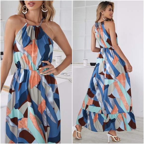 Boho Multicolor Ruffle Hem Halter Maxi Dress Blue - Picture 3 of 4